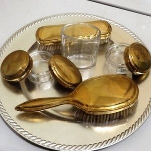 Vanity Set six piece gold tone and glass set 1970s